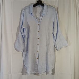 Rosemarine Womens Large Linen Tunic Shirt Blue Stripe Made In Italy Long Sleeve